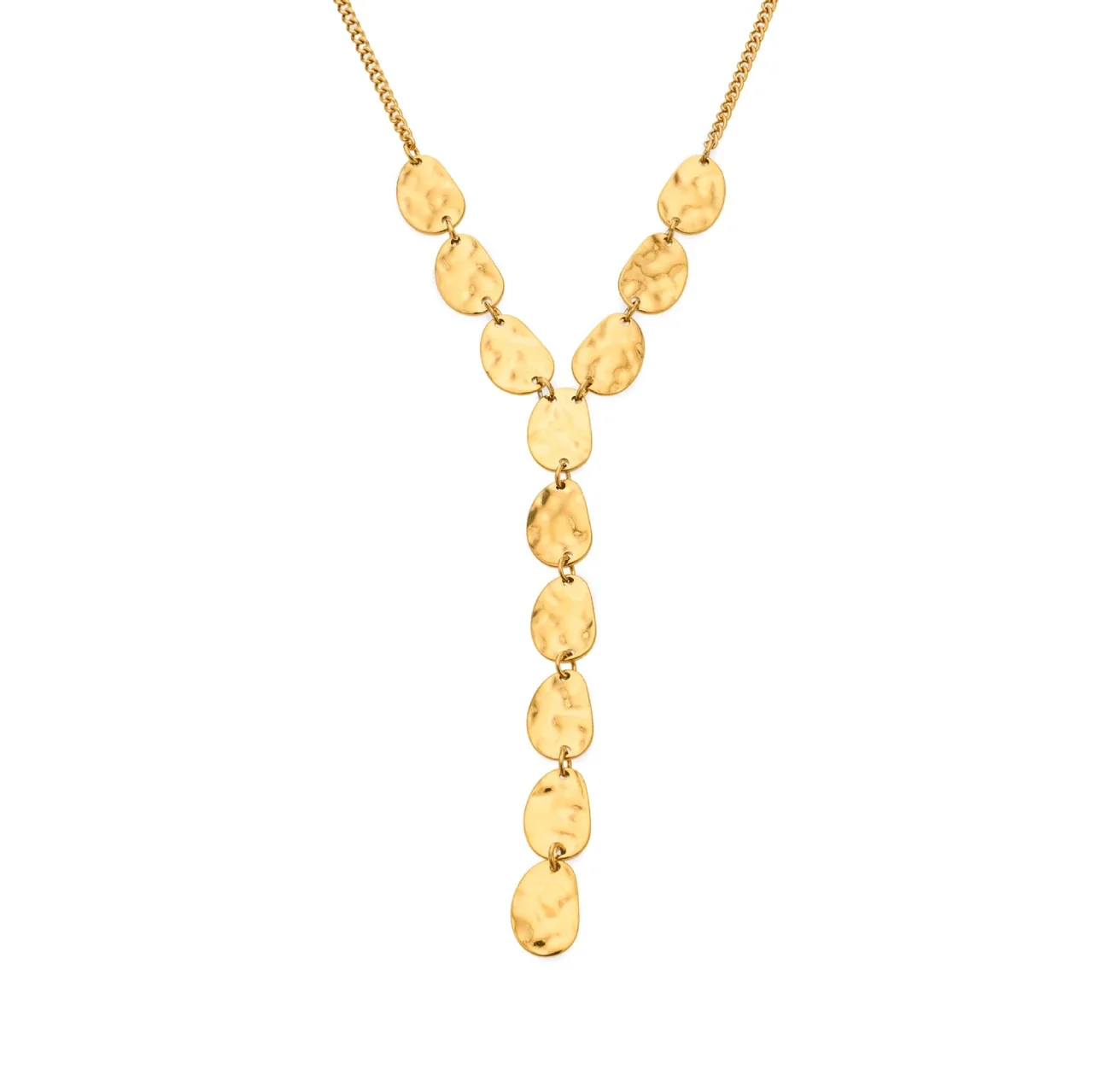 Sculptural Gold PVD Hammered Oval Y Pendant Necklace