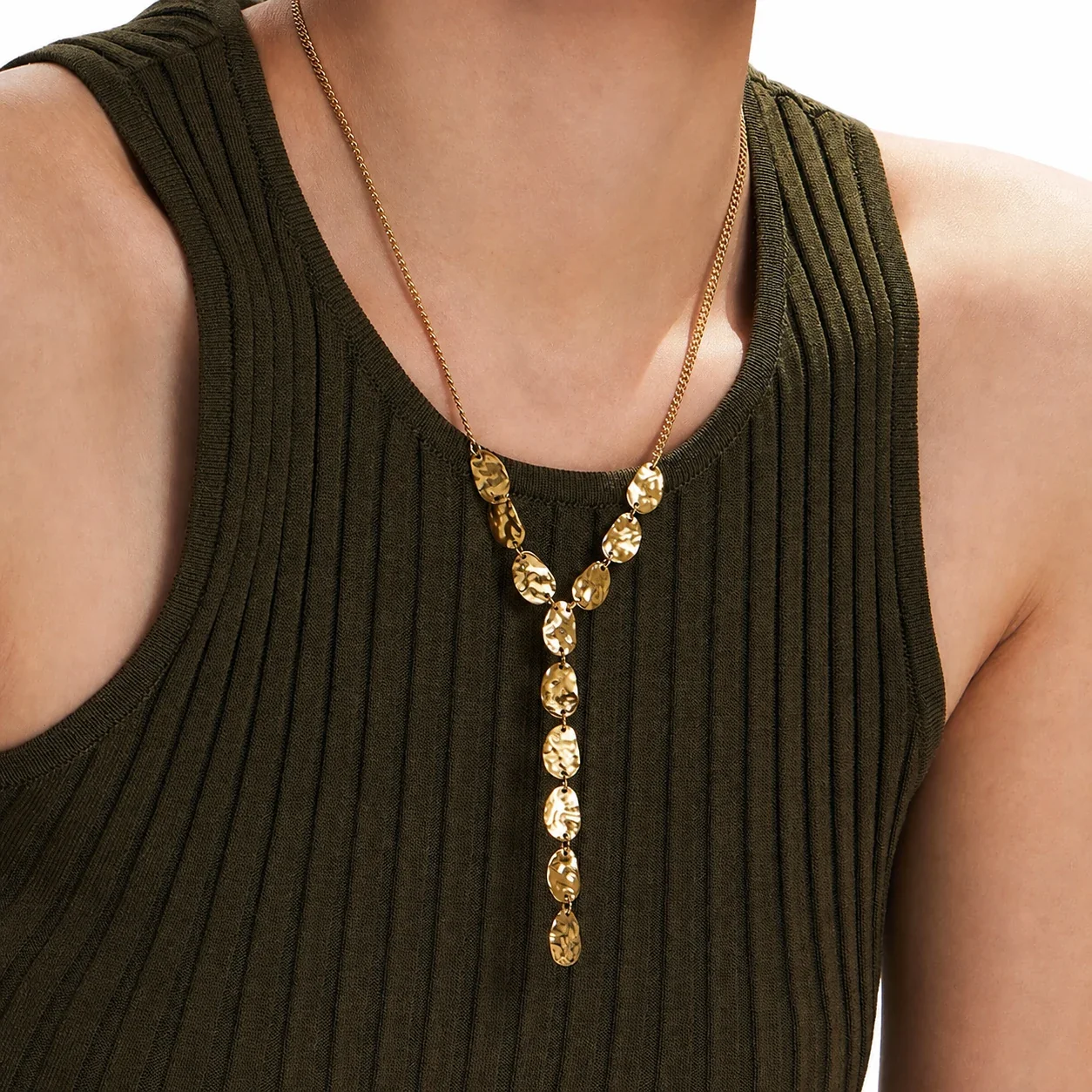 Sculptural Gold PVD Hammered Oval Y Pendant Necklace