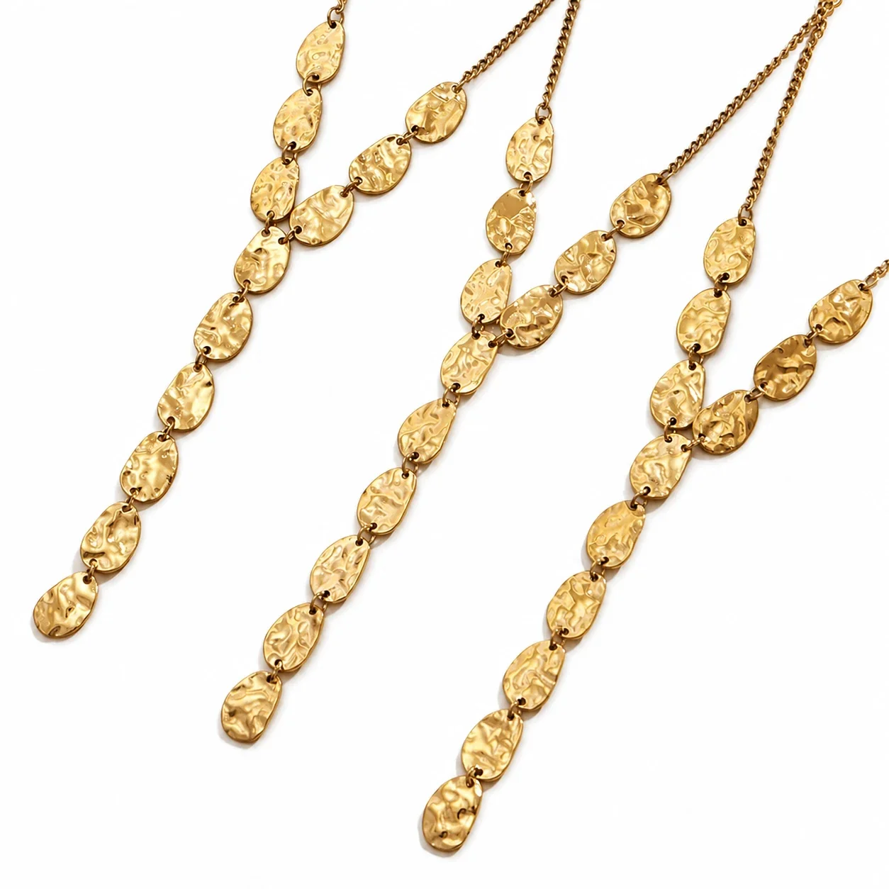 Sculptural Gold PVD Hammered Oval Y Pendant Necklace