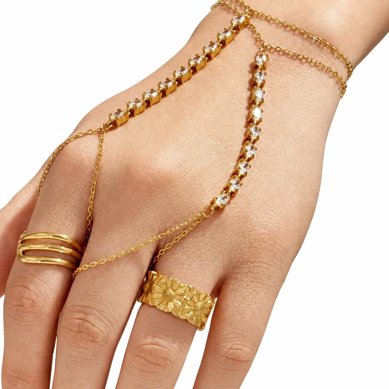 Sleek Gold-Plated 316L CZ Hand Chain Bracelet