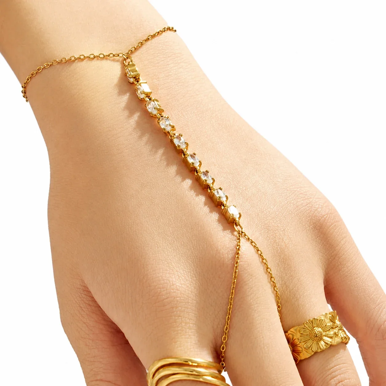 Sleek Gold-Plated 316L CZ Hand Chain Bracelet