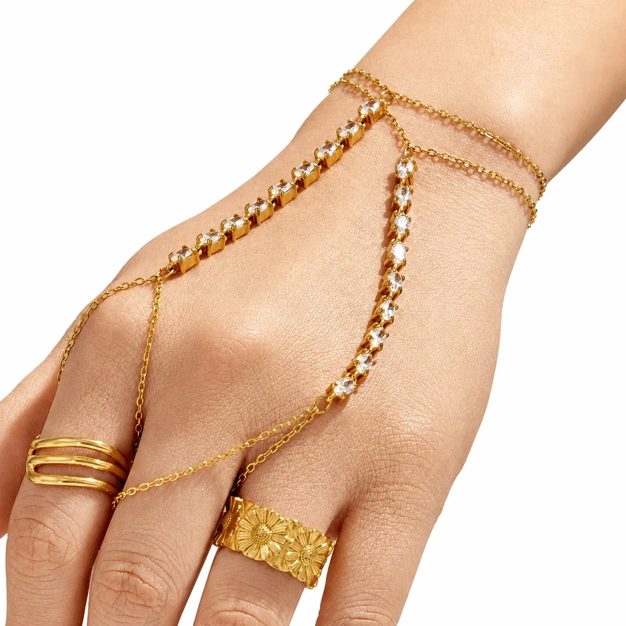 Sleek Gold-Plated 316L CZ Hand Chain Bracelet