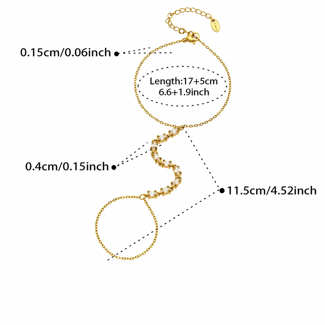 Sleek Gold-Plated 316L CZ Hand Chain Bracelet - Gold Clear CZ 17.5 cm