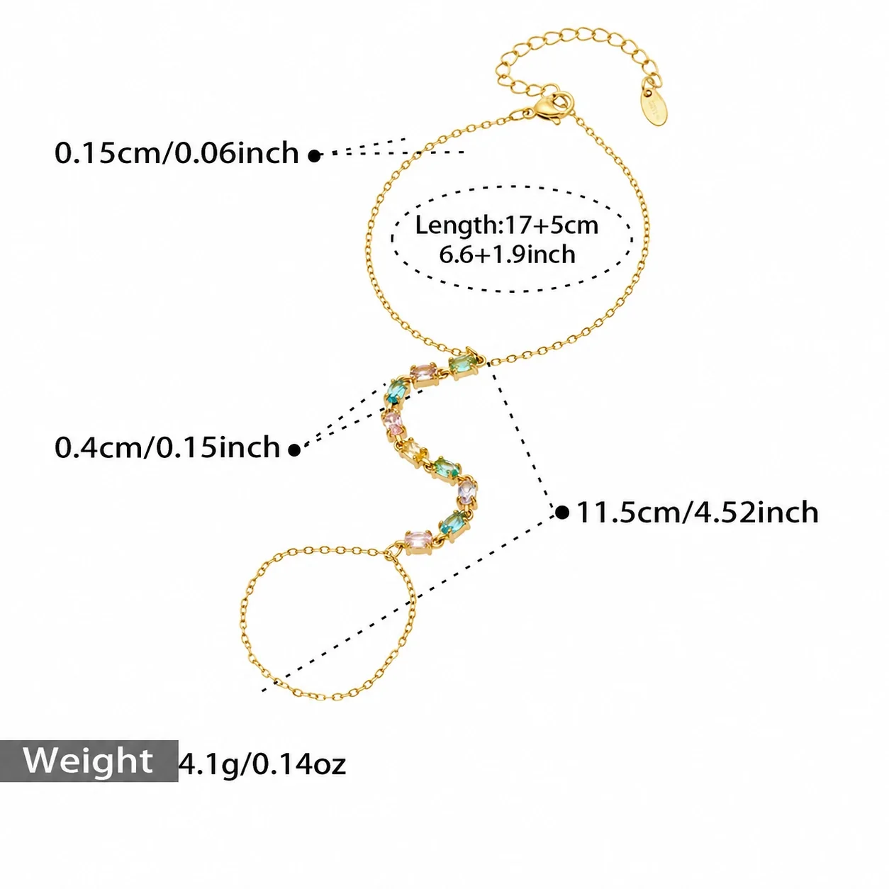 Sleek Gold-Plated 316L CZ Hand Chain Bracelet - Gold Multicolor CZ 17.5 cm