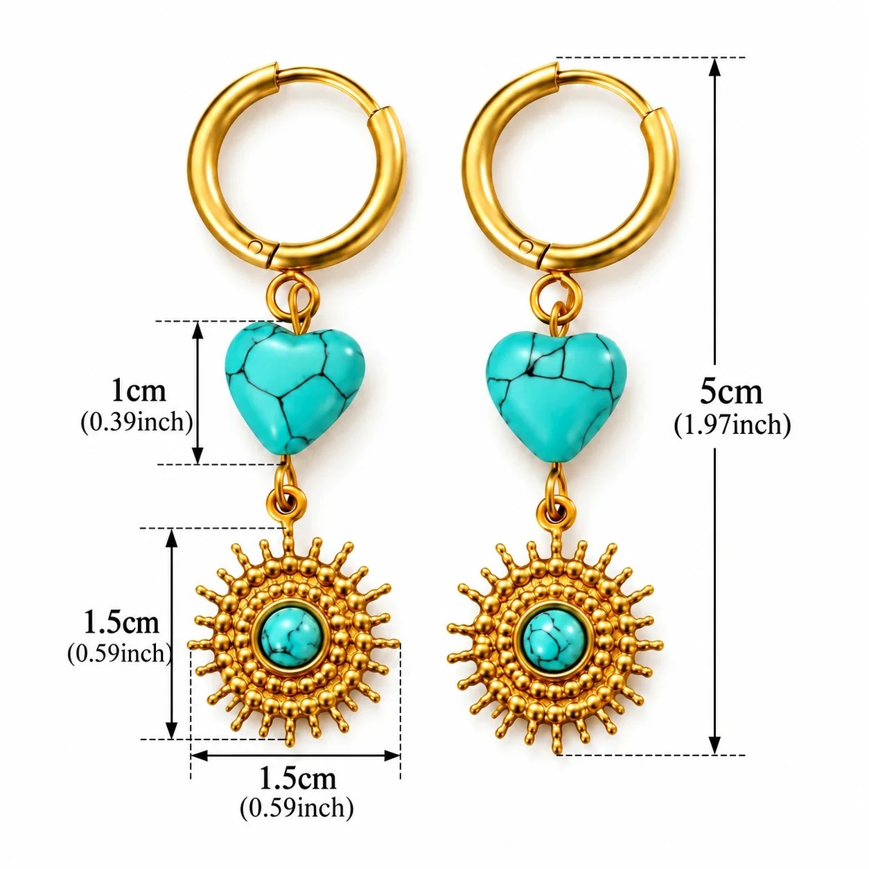 Drop Earrings, Heart Stone Sunburst, Stainless Steel Gold PVD