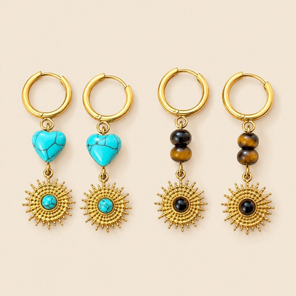 Drop Earrings, Heart Stone Sunburst, Stainless Steel Gold PVD