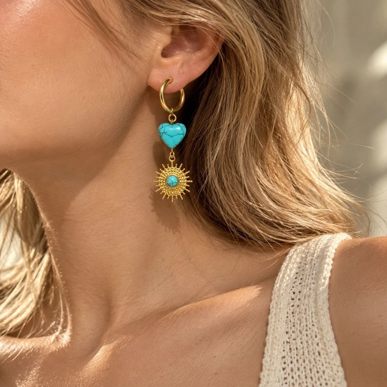 Drop Earrings, Heart Stone Sunburst, Stainless Steel Gold PVD