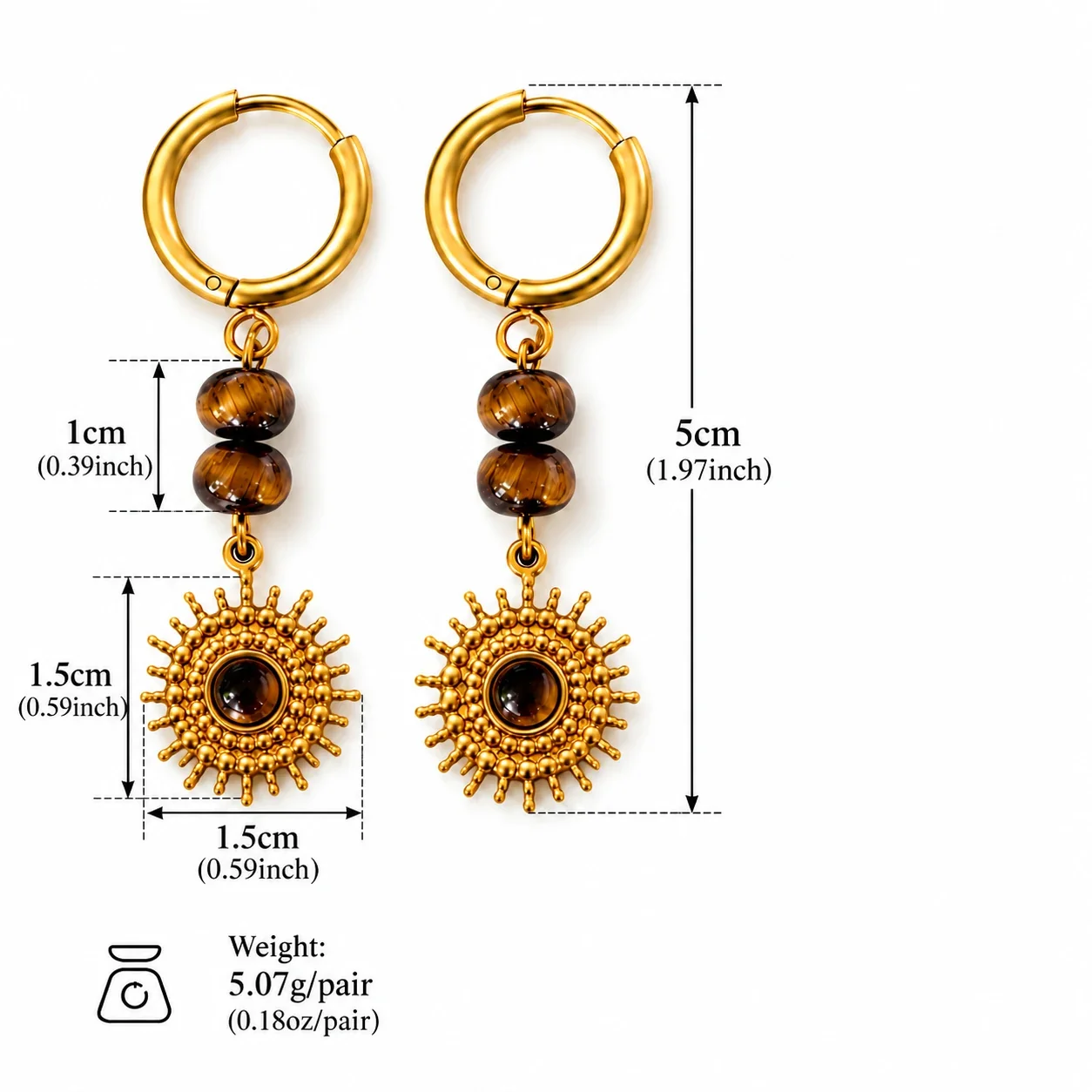 Drop Earrings, Heart Stone Sunburst, Stainless Steel Gold PVD