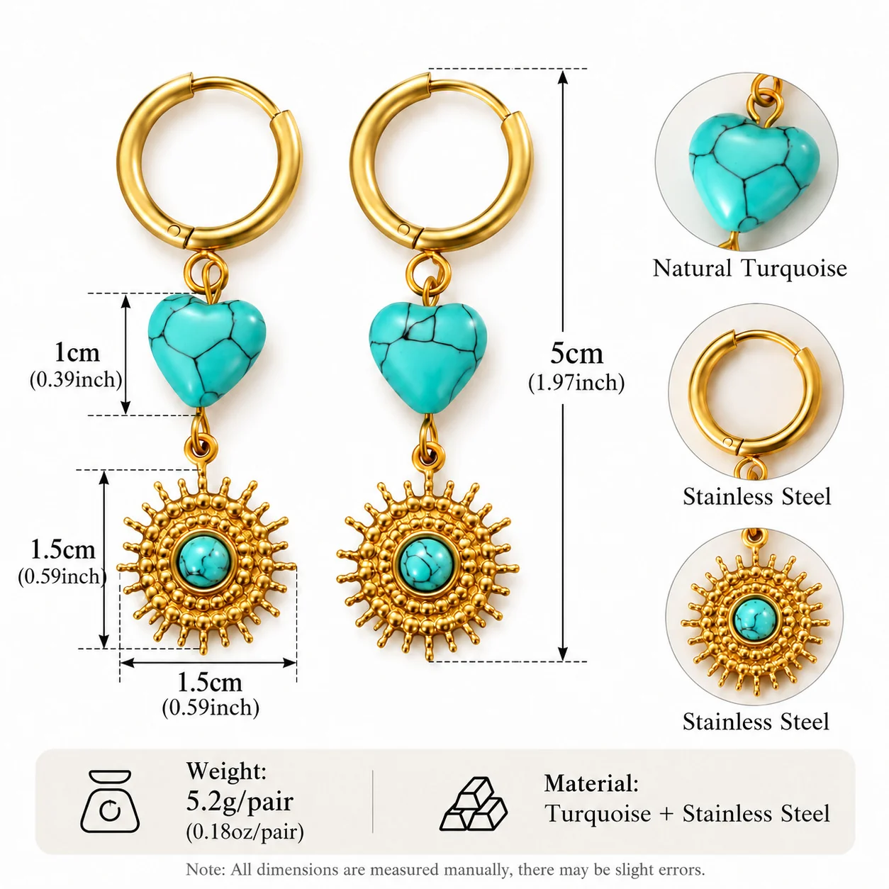 Drop Earrings, Heart Stone Sunburst, Stainless Steel Gold PVD - Dimensions