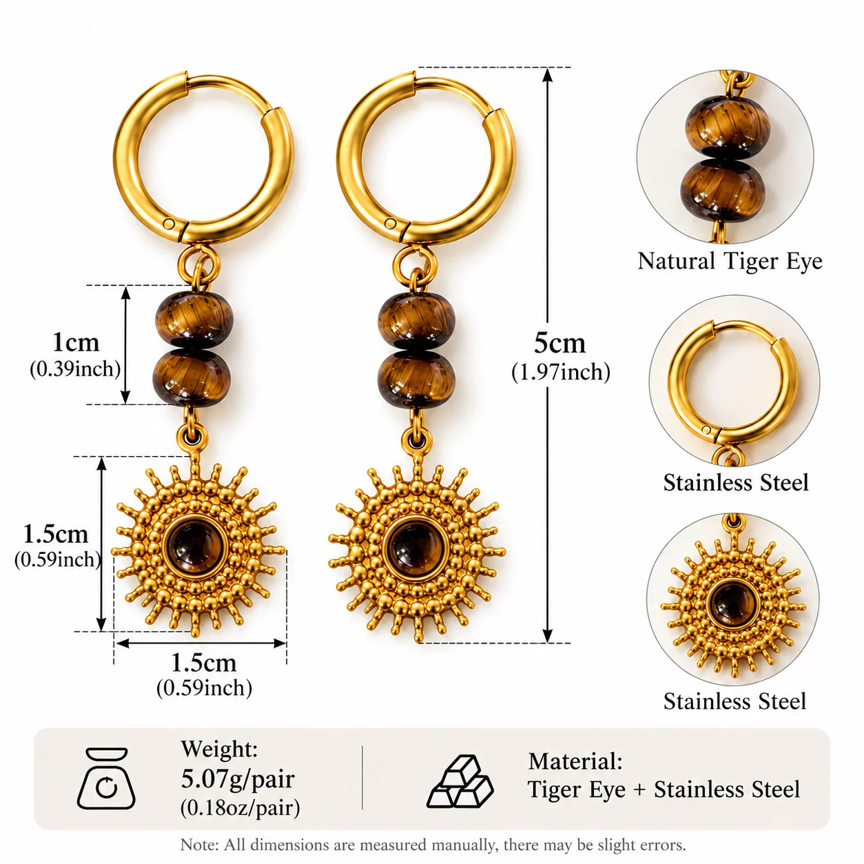 Drop Earrings, Heart Stone Sunburst, Stainless Steel Gold PVD - Dimensions