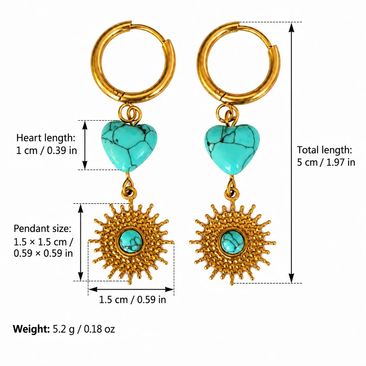 Drop Earrings, Heart Stone Sunburst, Stainless Steel Gold PVD - Turquoise