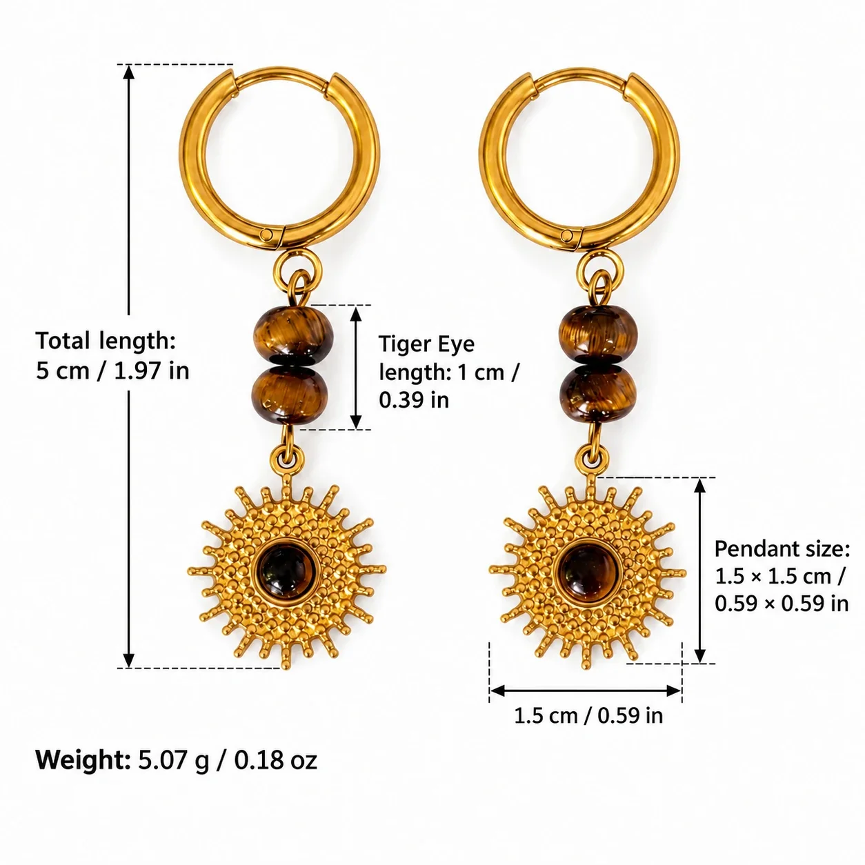 Drop Earrings, Heart Stone Sunburst, Stainless Steel Gold PVD - Tiger Eye