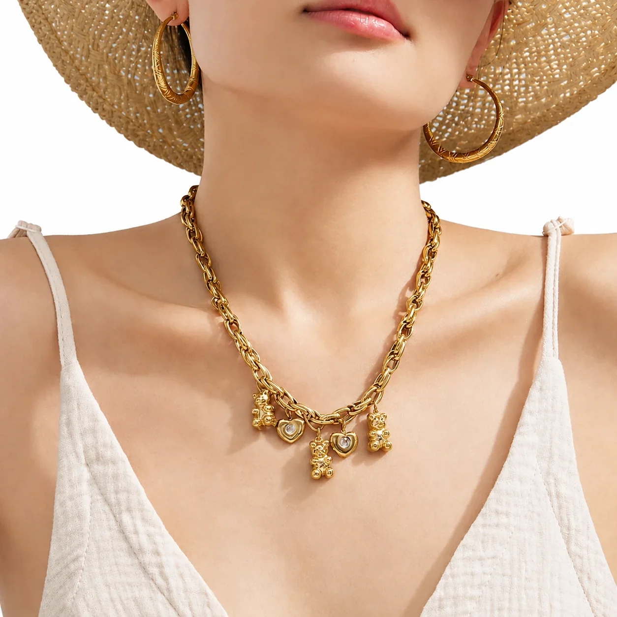 Cute Bear Heart Oval-Link 18K Gold-Plated 316 Stainless Steel Necklace
