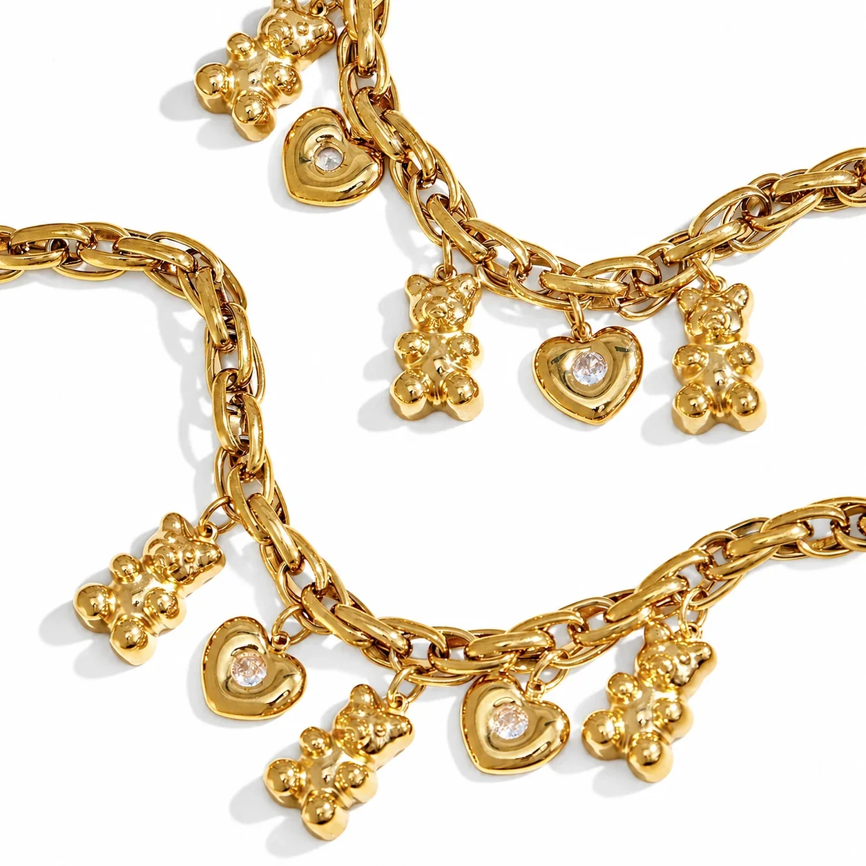 Cute Bear Heart Oval-Link 18K Gold-Plated 316 Stainless Steel Necklace