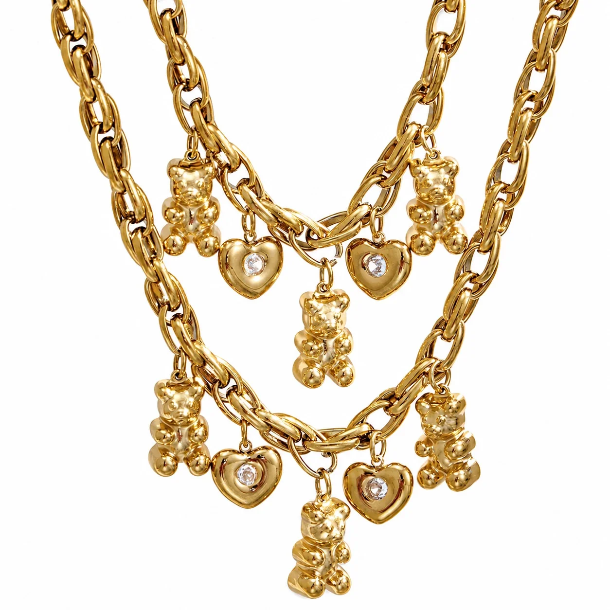 Cute Bear Heart Oval-Link 18K Gold-Plated 316 Stainless Steel Necklace