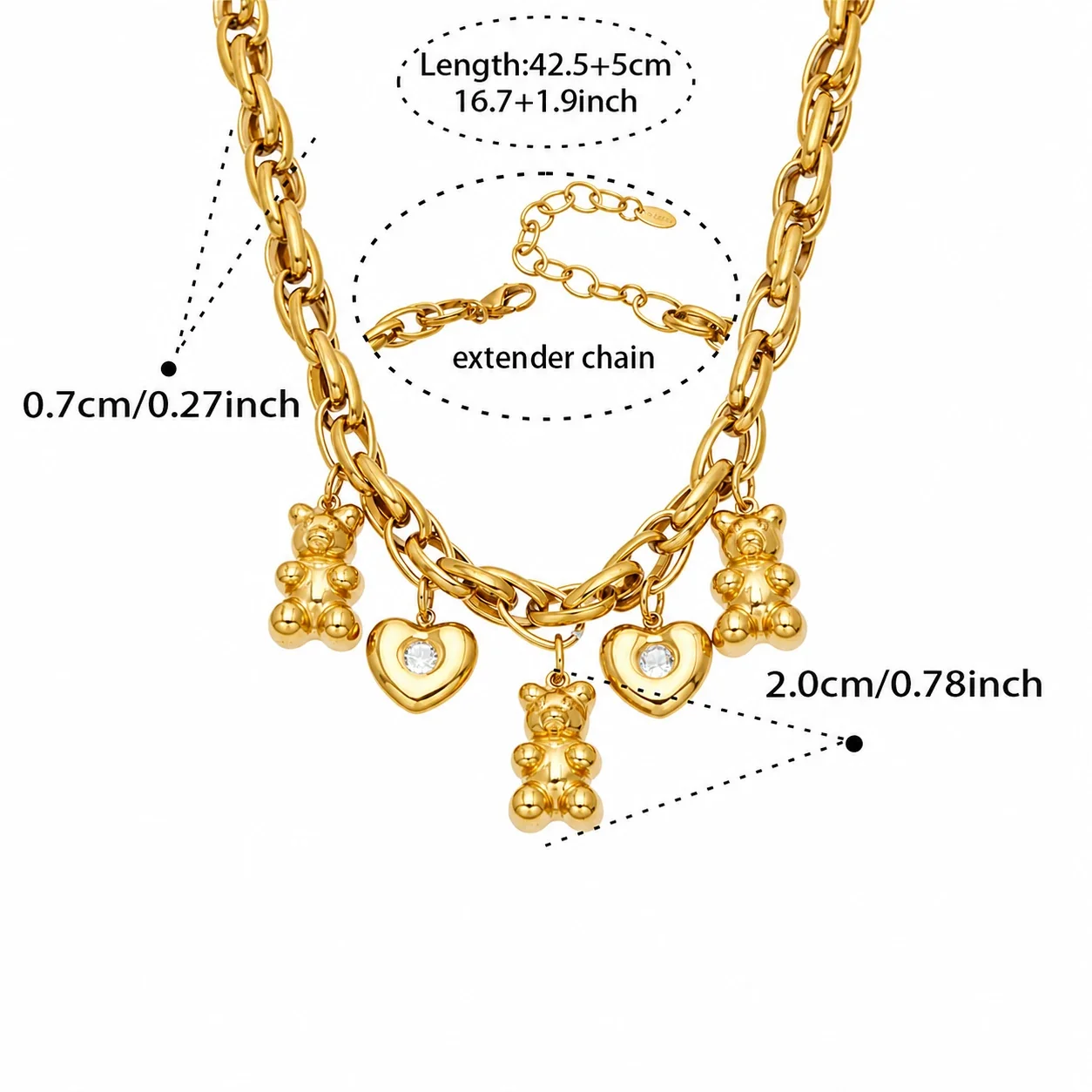 Cute Bear Heart Oval-Link 18K Gold-Plated 316 Stainless Steel Necklace - Gold