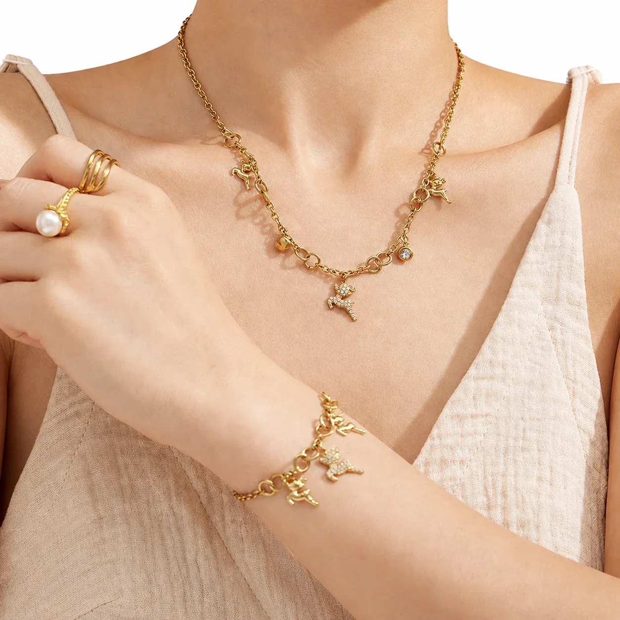 Playful 316L Stainless Steel Pavé Deer Chain Jewelry Set