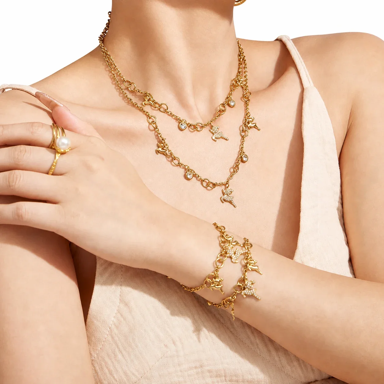 Playful 316L Stainless Steel Pavé Deer Chain Jewelry Set