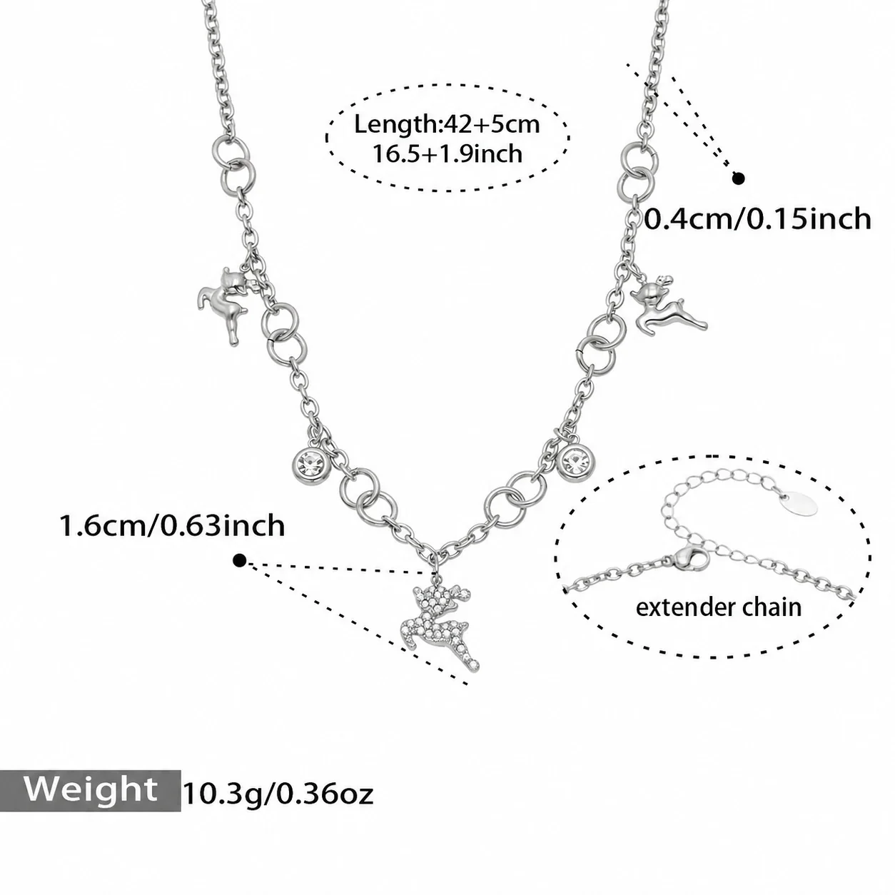Playful 316L Stainless Steel Pavé Deer Chain Jewelry Set - Silver 42+5 cm