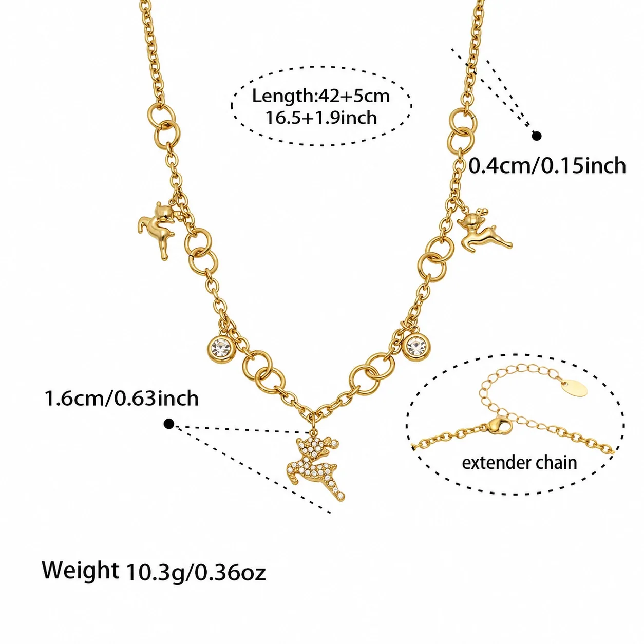 Playful 316L Stainless Steel Pavé Deer Chain Jewelry Set - Gold 42+5 cm