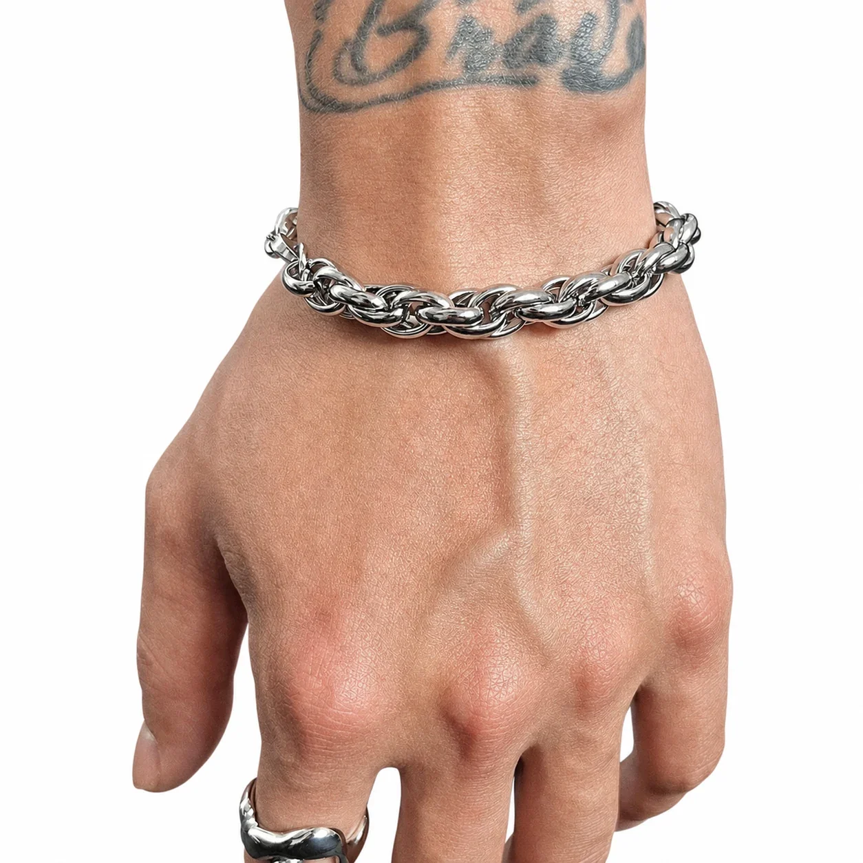 Bold Stainless Steel Silver-Tone Rope Link Chain Bracelet