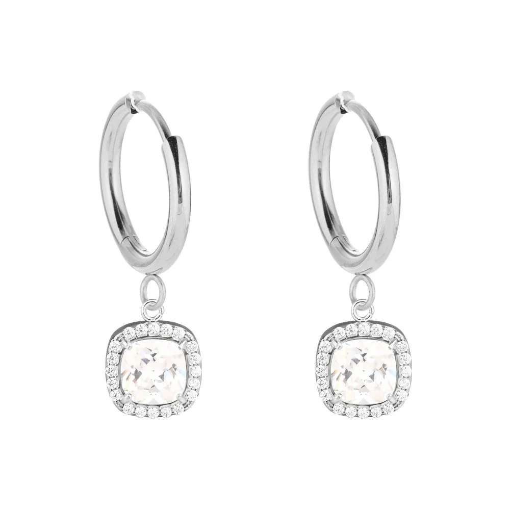 Polished 316 Stainless Square CZ Drop Hoop Earrings