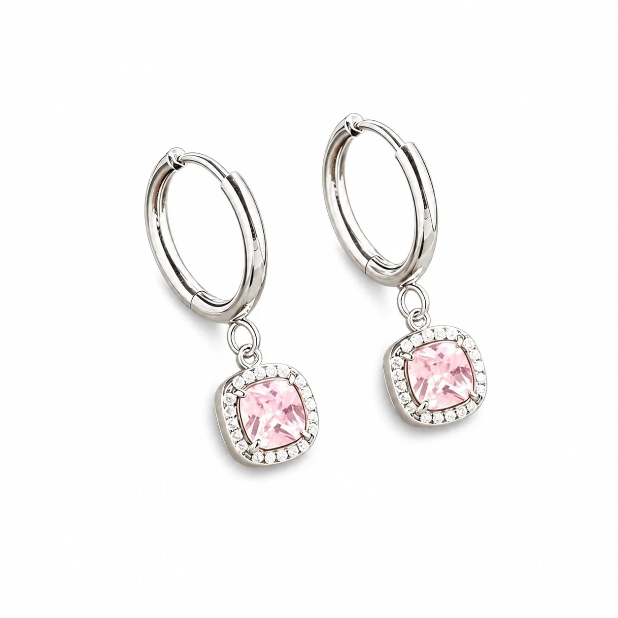 Polished 316 Stainless Square CZ Drop Hoop Earrings