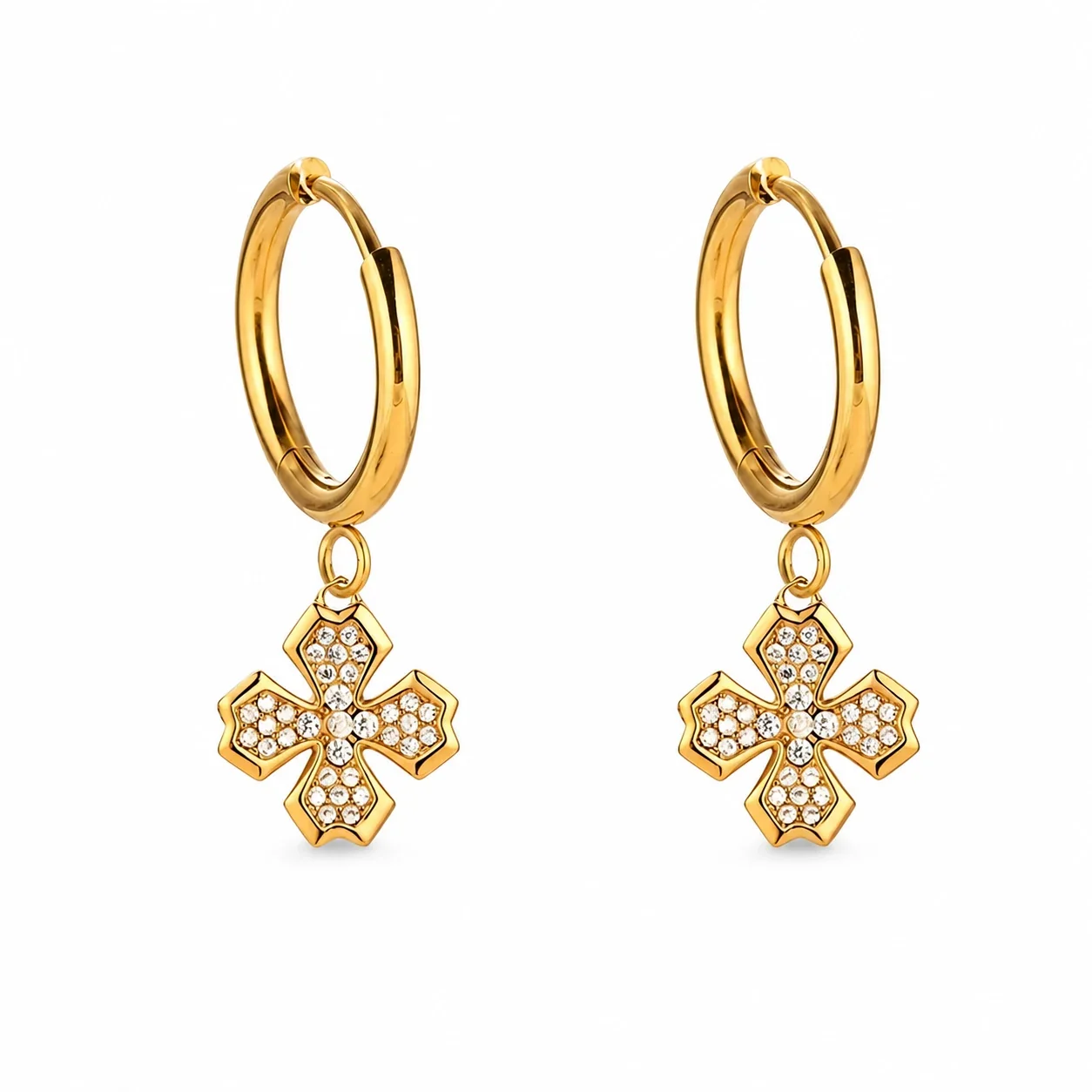 Polished 316 Stainless Square CZ Drop Hoop Earrings