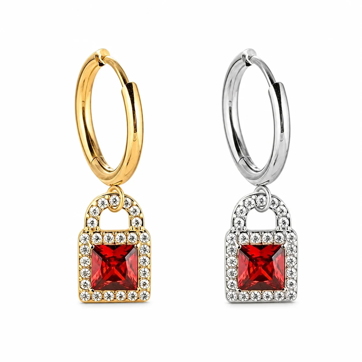 Polished 316 Stainless Square CZ Drop Hoop Earrings