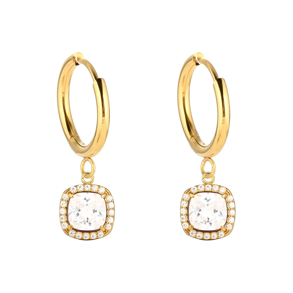 Polished 316 Stainless Square CZ Drop Hoop Earrings - Gold Purple CZ