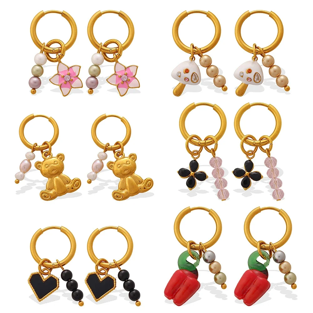 Hoop Earrings with Mismatched Charms, Gold-Plated Steel
