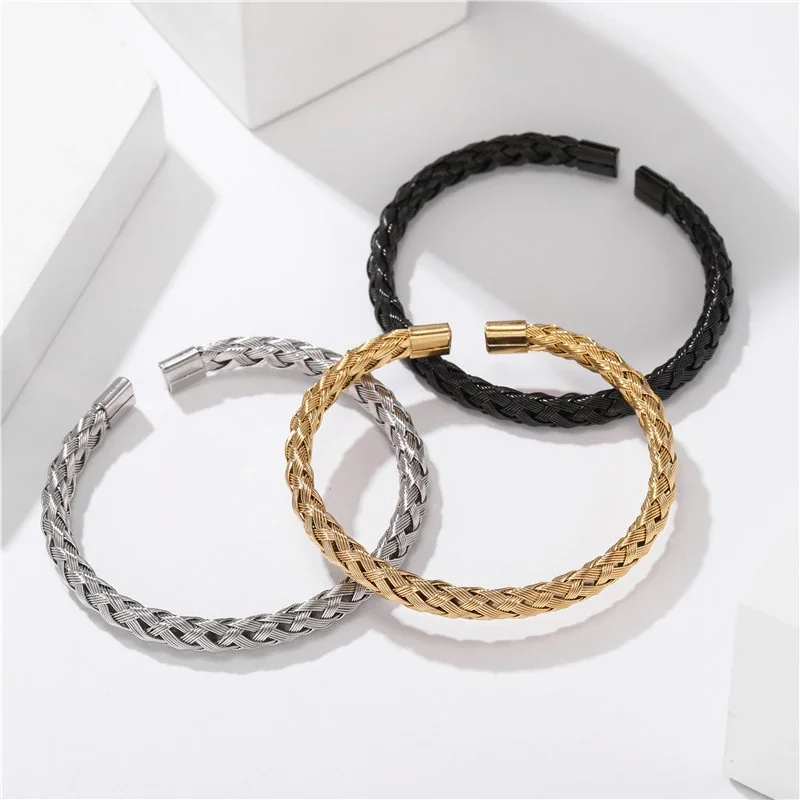 Braided Stainless Steel Open-End Textured Cuff Bracelet