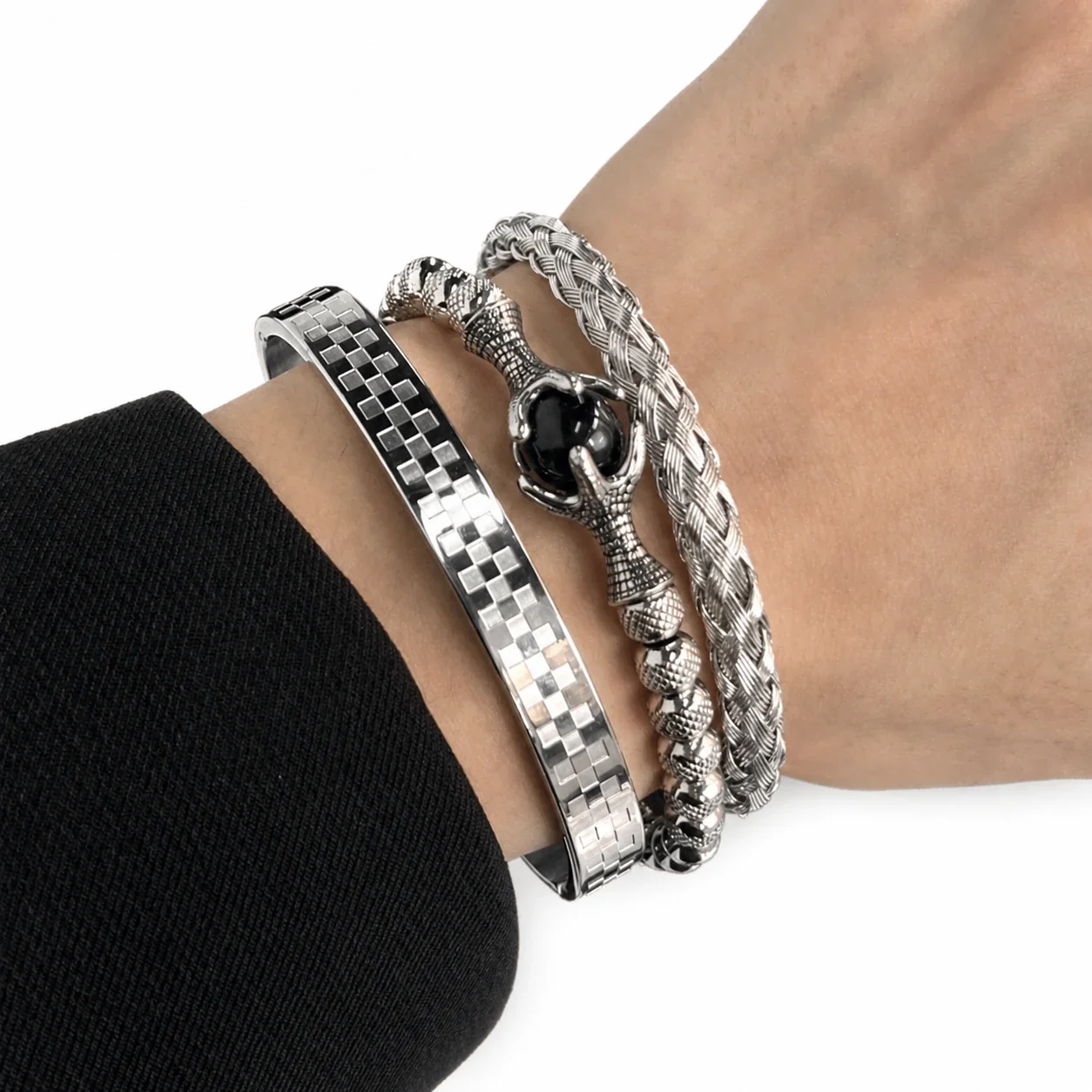 Braided Stainless Steel Open-End Textured Cuff Bracelet