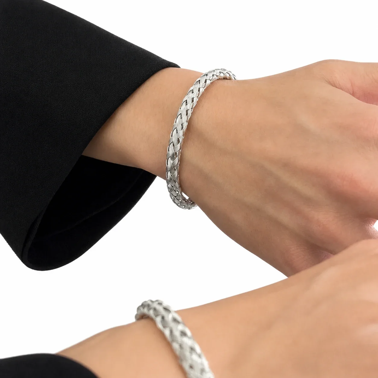 Braided Stainless Steel Open-End Textured Cuff Bracelet