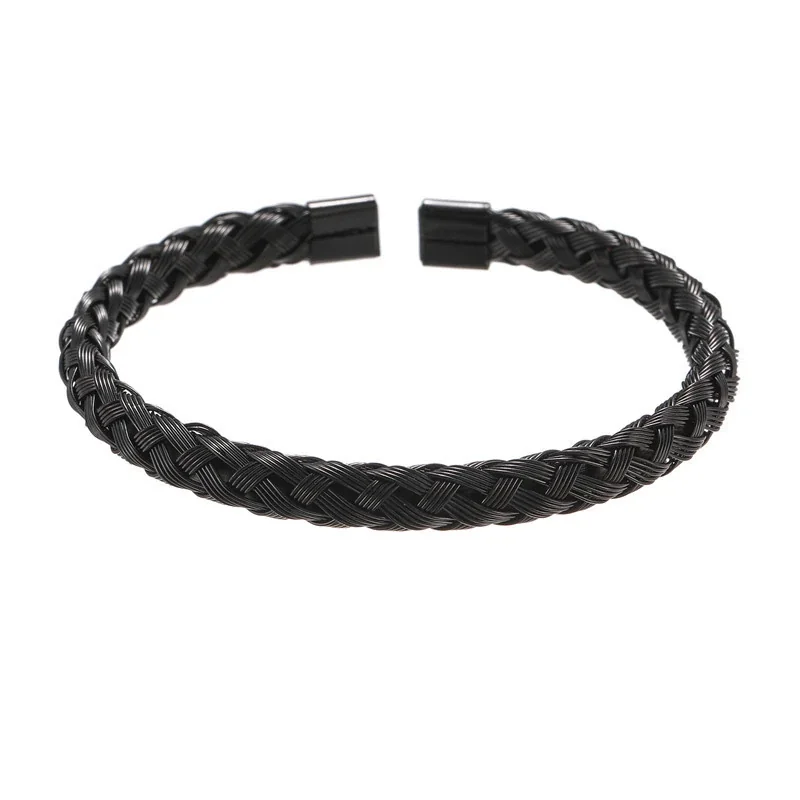 Braided Stainless Steel Open-End Textured Cuff Bracelet