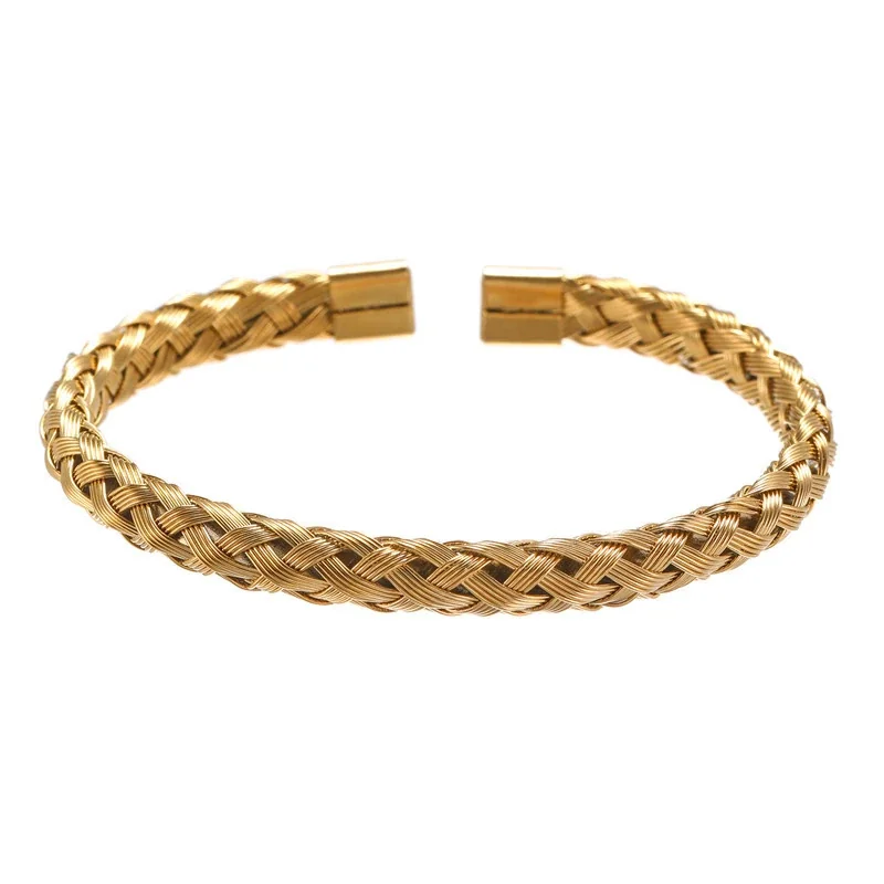 Braided Stainless Steel Open-End Textured Cuff Bracelet - Gold