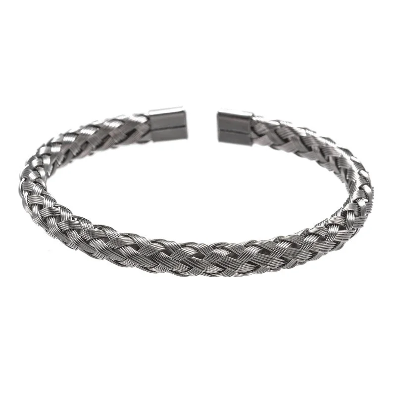 Braided Stainless Steel Open-End Textured Cuff Bracelet - Silver