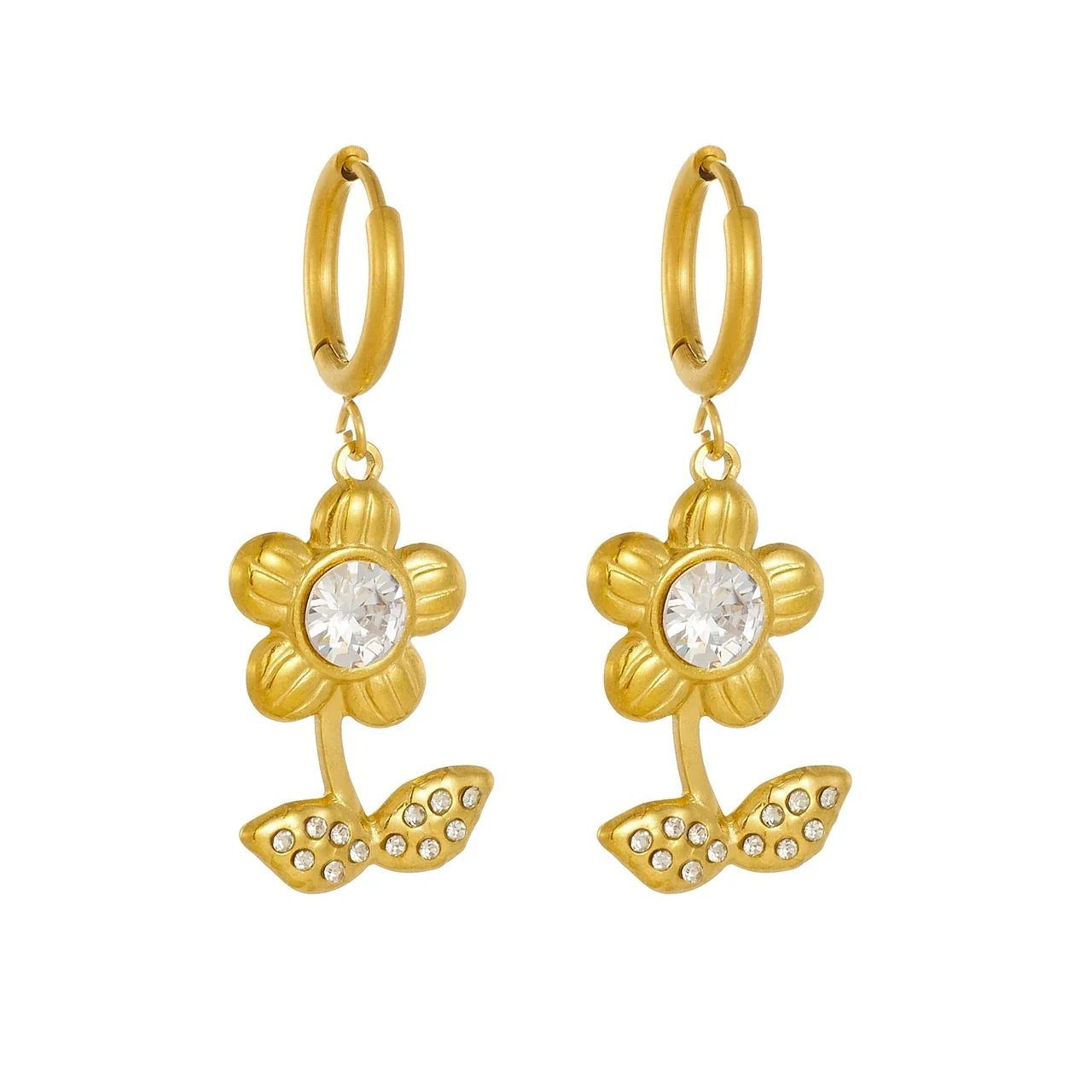 Stainless Steel Hoop Earrings, Crystal Flower & Pavé Leaves, Gold-Plated