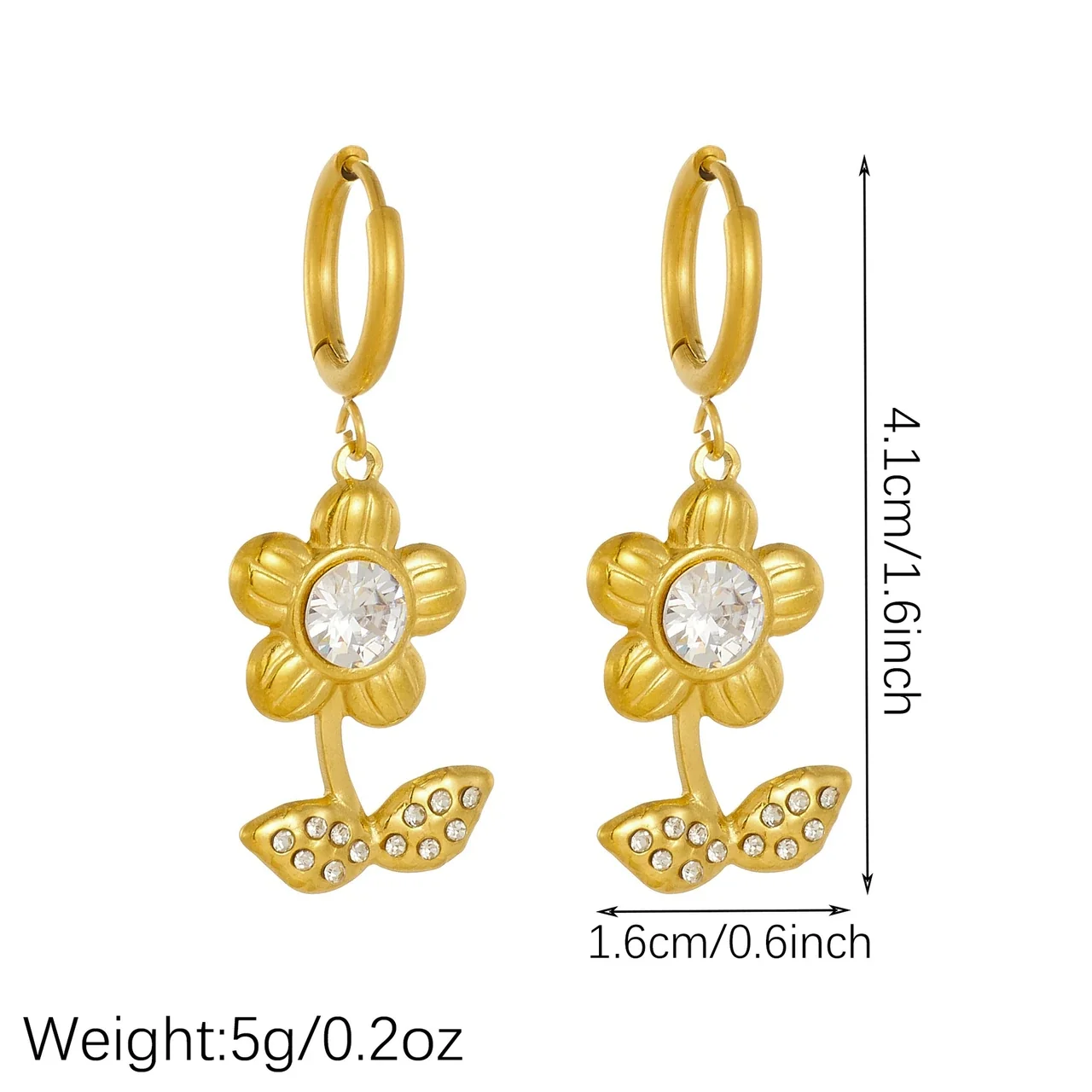 Foto del producto: Pendientes de aro de acero inoxidable con flor de cristal y hojas pavé, chapados en oro