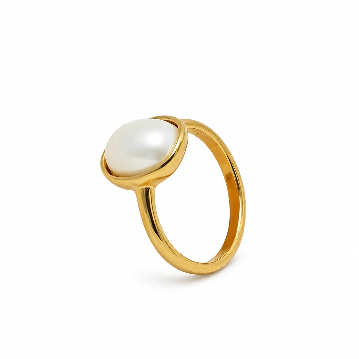 Oval Pearl-effect-Effect Bezel 14k Gold-Plated 316 Stainless Steel Ring