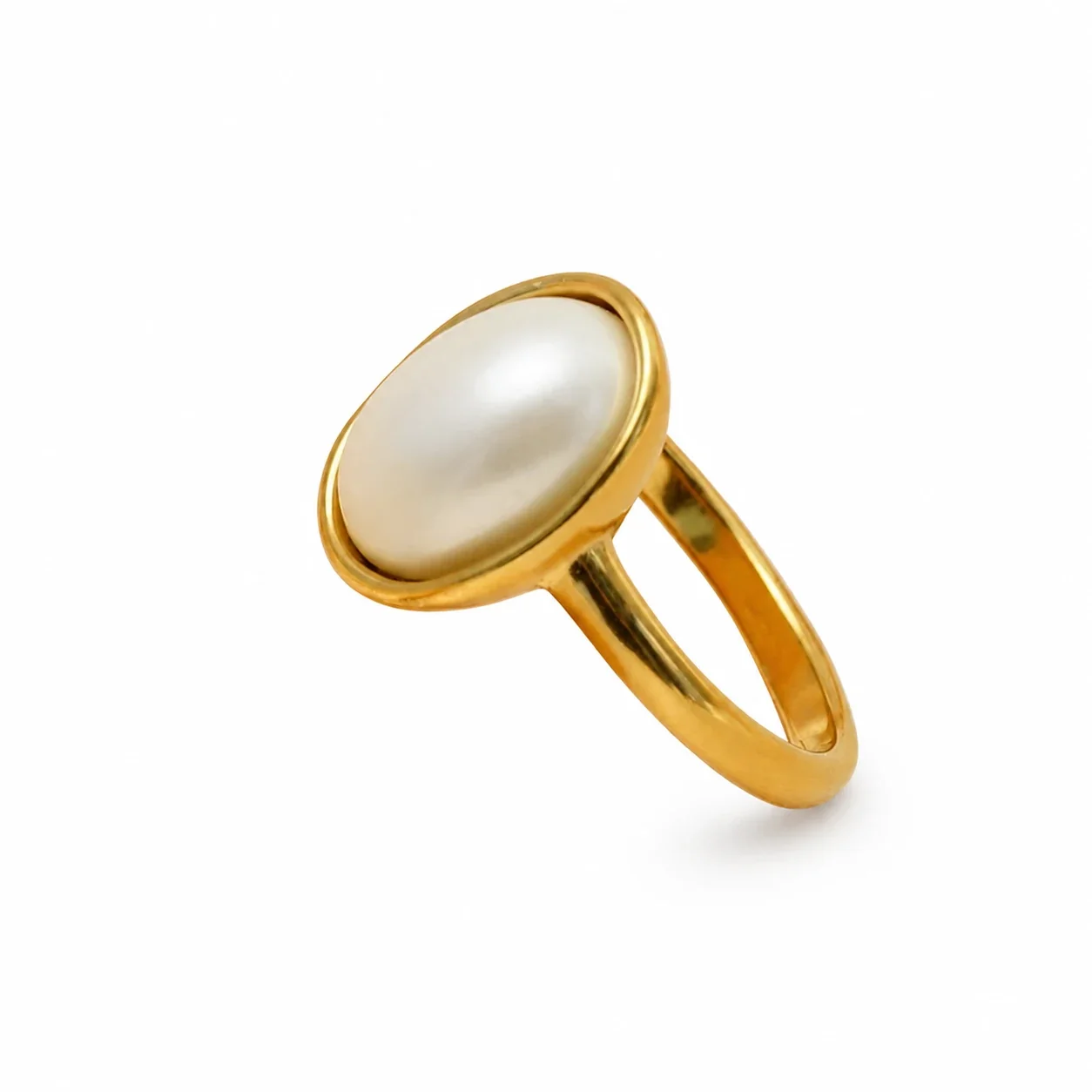 Oval Pearl-effect-Effect Bezel 14k Gold-Plated 316 Stainless Steel Ring