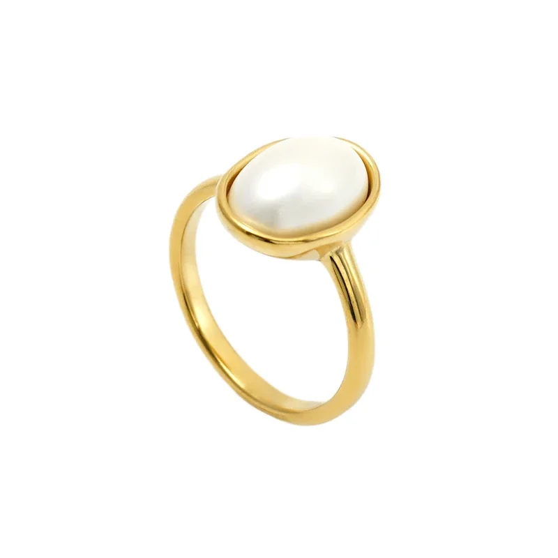 Oval Pearl-effect-Effect Bezel 14k Gold-Plated 316 Stainless Steel Ring