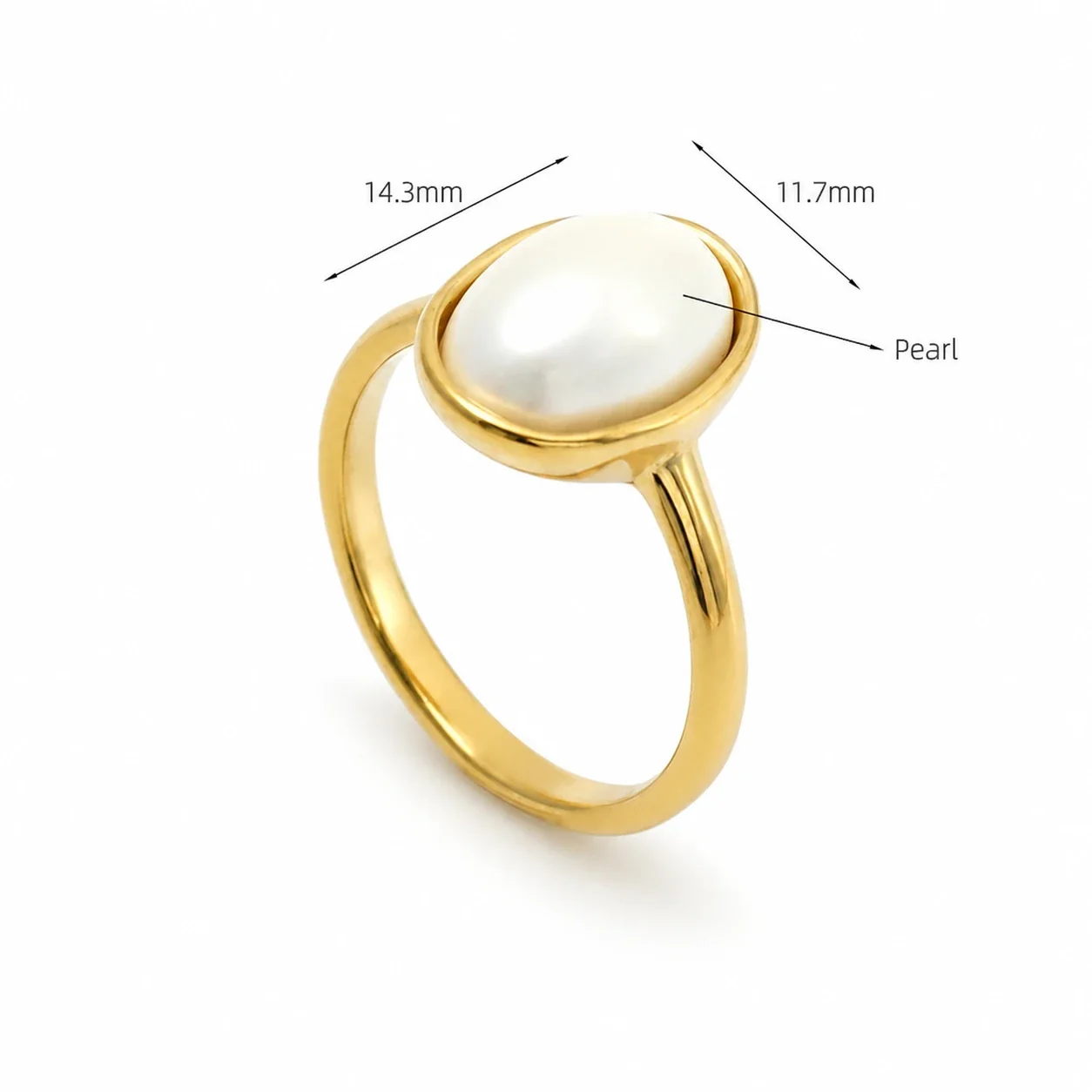 Oval Pearl-effect-Effect Bezel 14k Gold-Plated 316 Stainless Steel Ring - 6
