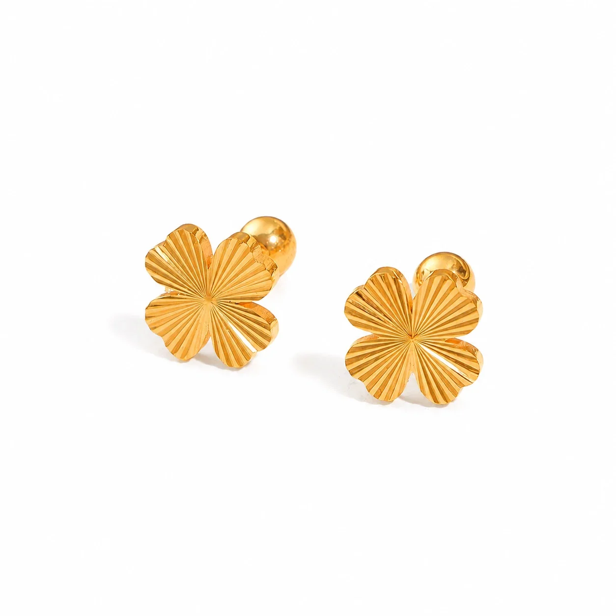 Radiant Gold PVD Fluted Four-Leaf Clover Stud Earrings - Gold
