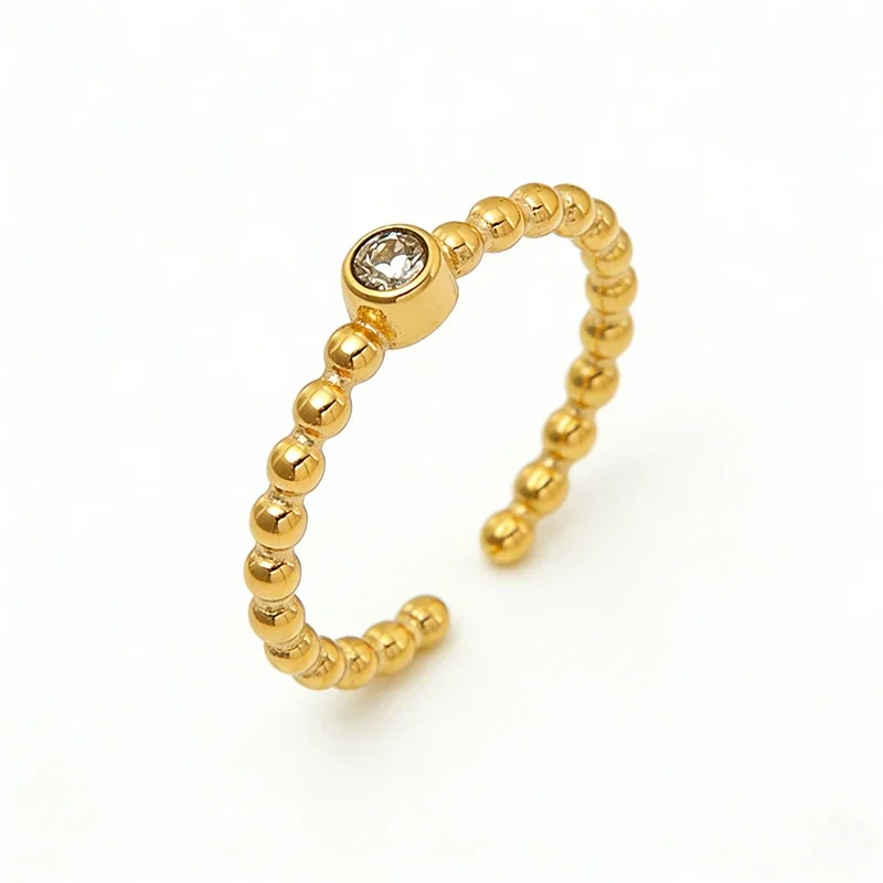 Delicate Gold-Plated Bead Band Bezel Crystal Ring
