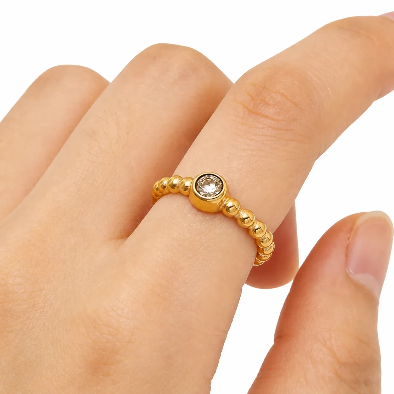 Delicate Gold-Plated Bead Band Bezel Crystal Ring