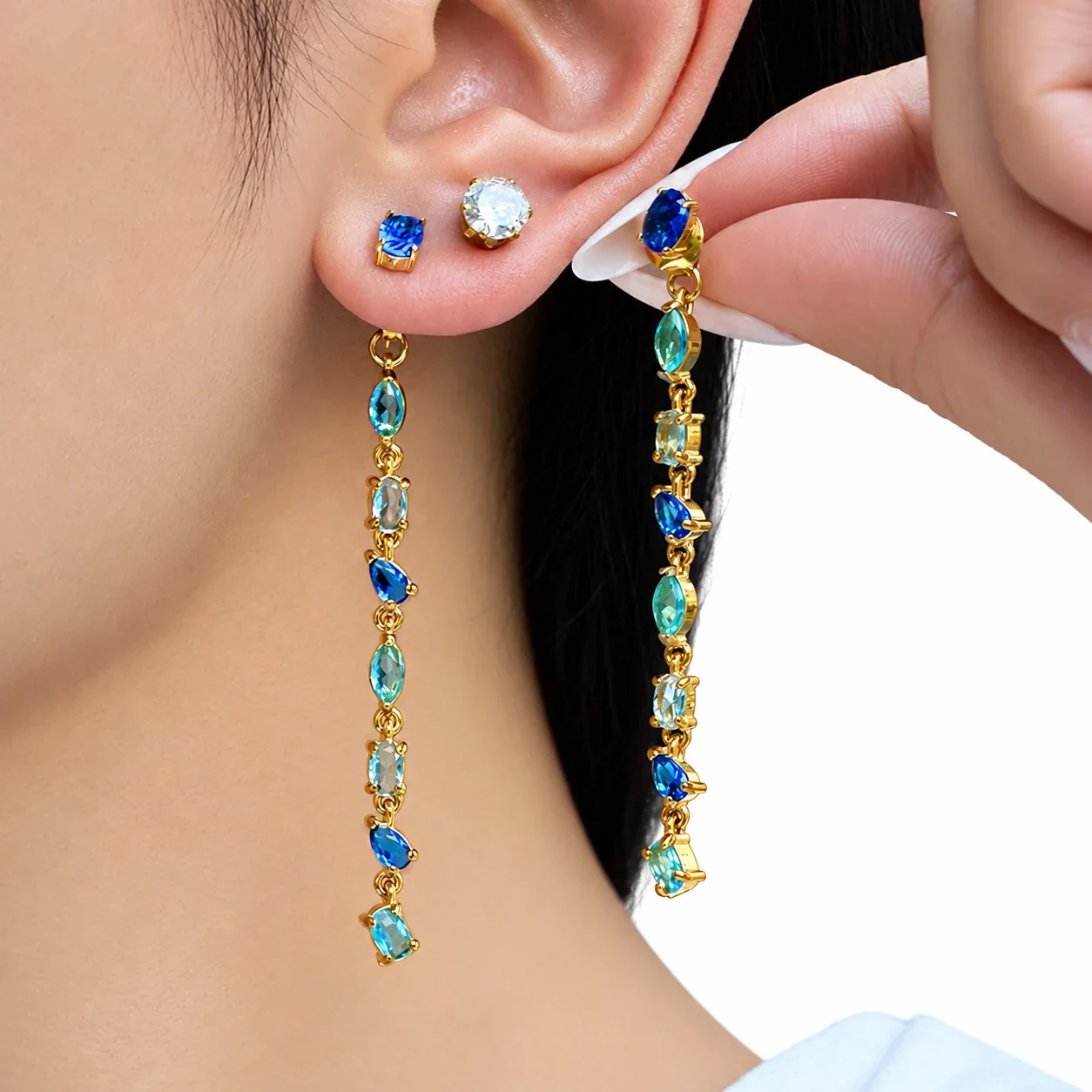 Druppeloorbellen met marquise CZ-ketting, goudkleurig roestvrij staal productfoto