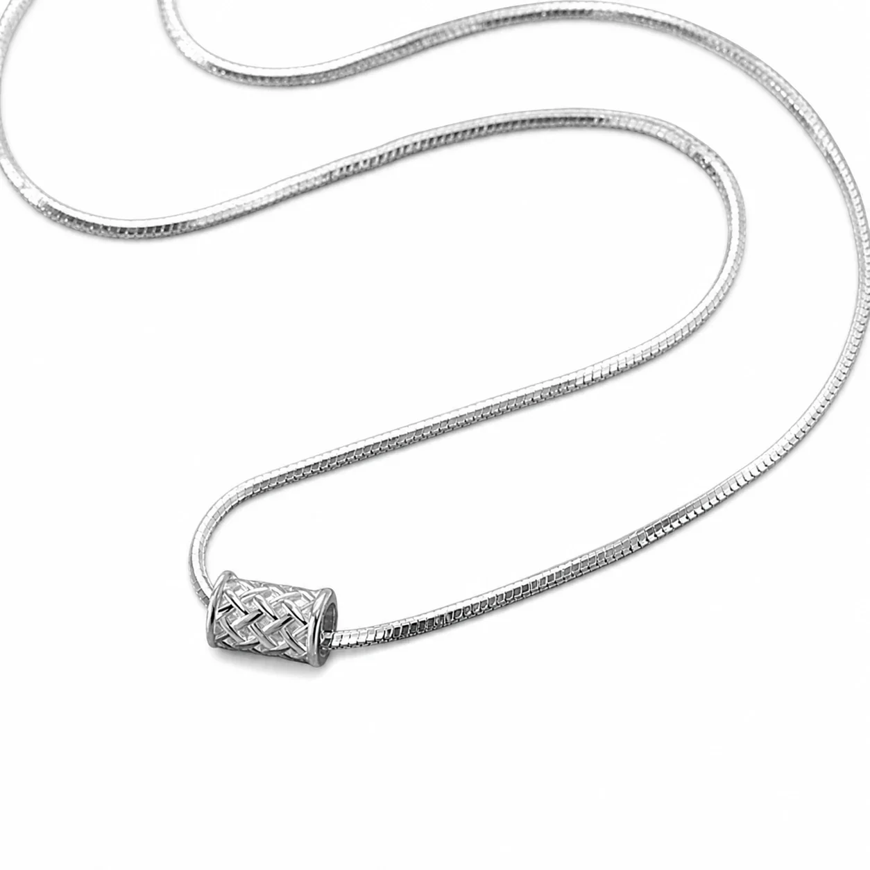 Silver-Plated Stainless Steel Woven Barrel Pendant Necklace