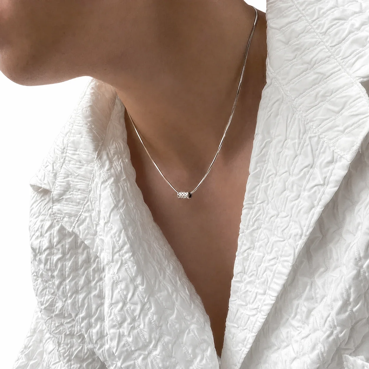 Silver-Plated Stainless Steel Woven Barrel Pendant Necklace
