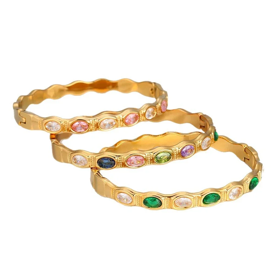 Bangle Bracelet with Oval Crystal Stations, 18K Gold-Plated